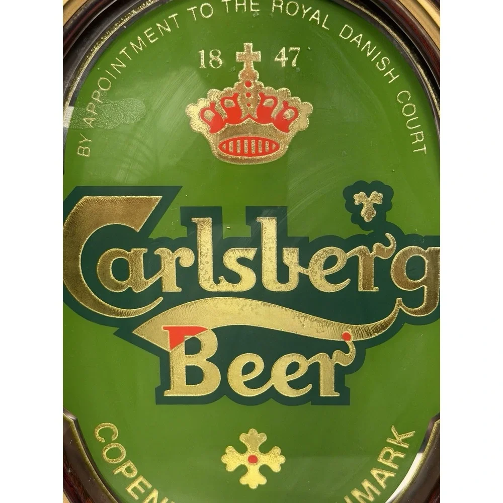 Carlsberg Beer Sign Mirror with Wood Frame Copenhagen Denmark Vintage 1990